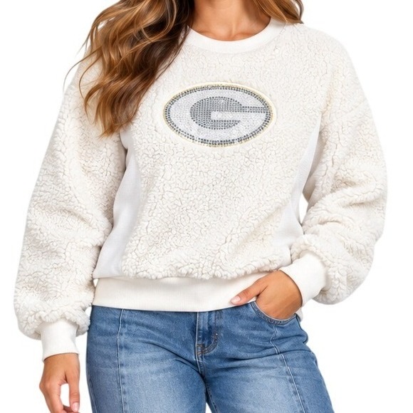 Touch Stadium by G-III Tops - Touch Stadium Packers Rhinestone White Sherpa Fleece Crewneck Women's Large
